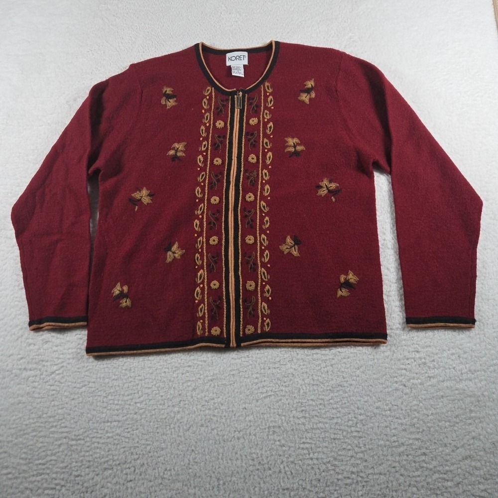 Vintage Koret Cardigan Womens Medium Red 100% Wool‎ Sweater Embroidered Zip Up